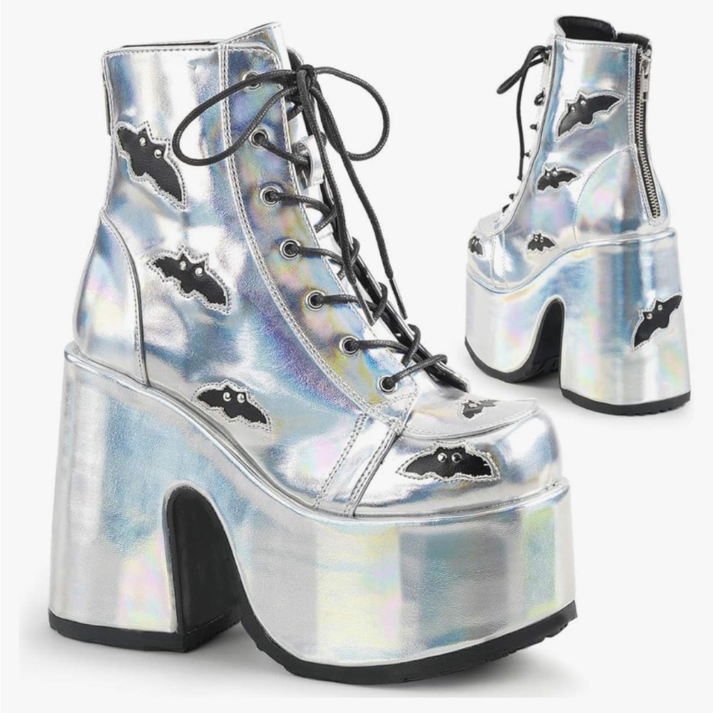 Demonia  Dolls Kill Silver Holographic Platform Ankle Boots with Bat Design